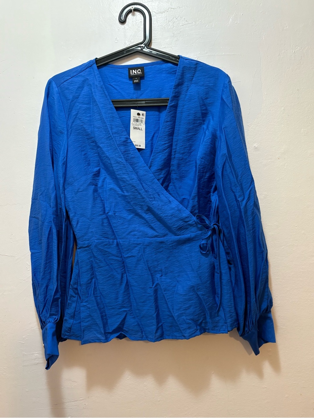 INC International Concepts Royal Blue Wrap Blouse - Small